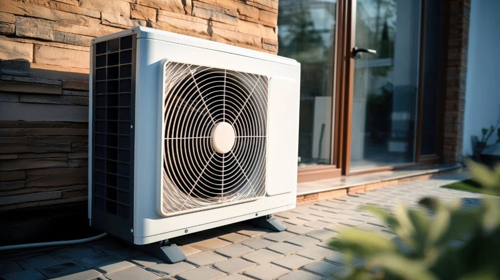 Efficient Climate Control, Air Conditioner Heat Pump Compressor Outside a Modern House.